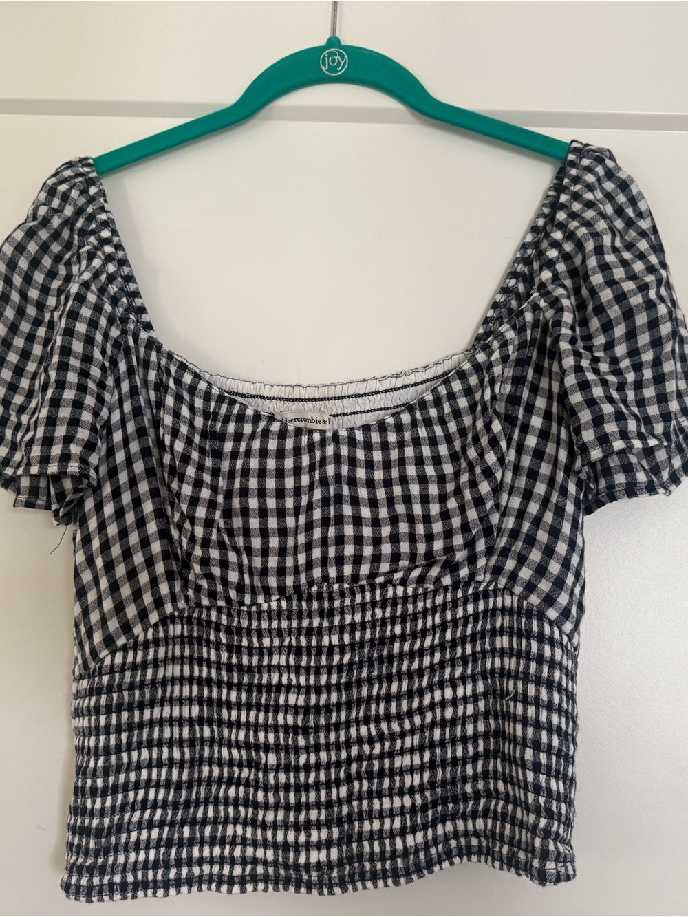 Abercrombie & Fitch Dark Navy and White Gingham Puff Sleeve Top